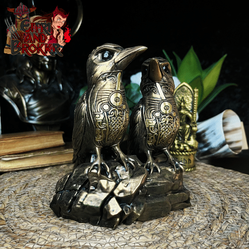 Hugin & Munin, les corbeaux d'Odin - 16 cm - Patine bronze et or.