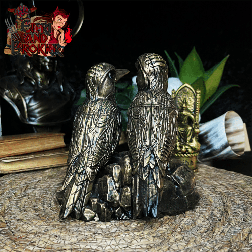 Hugin & Munin, les corbeaux d'Odin - 16 cm - Patine bronze et or.