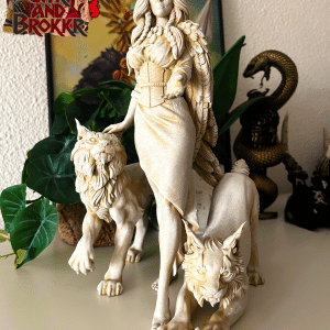 Statuette XL de Freya Freyja en résine avec ses deux lynx